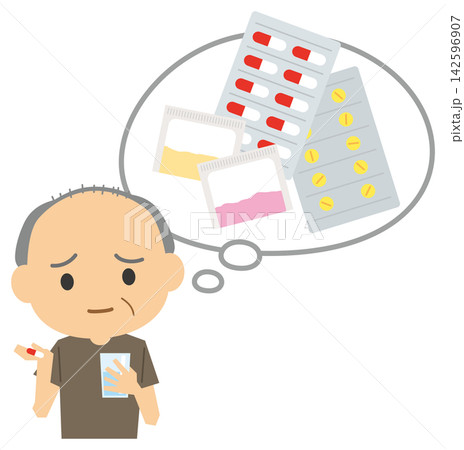 多くの薬を飲む高齢者のイメージイラスト 多くの薬を飲む高齢者のイメージイラスト 142596907