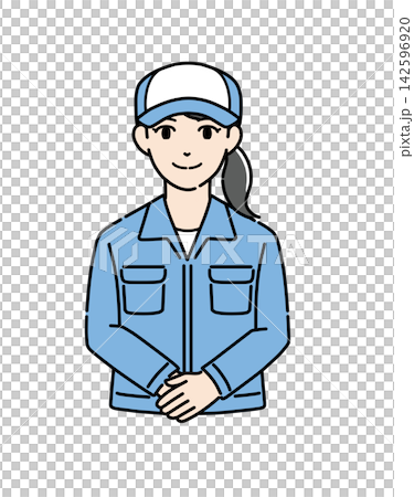 Illustration of a young woman wearing a hat and work clothes bowing (1) Illustration of a young woman wearing a hat and work clothes bowing (1) 142596920