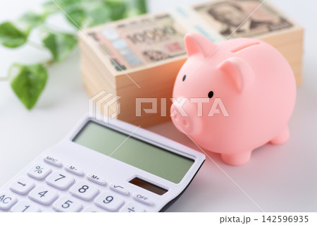 500万円の札束とピンクの豚の貯金箱と電卓 500万円の札束とピンクの豚の貯金箱と電卓 142596935