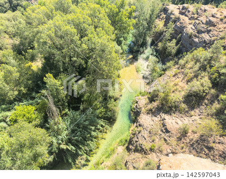 Rio Vero threading through dense green woodland seen from high above the canyon Rio Vero threading through dense green woodland seen from high above the canyon 142597043