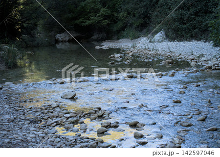 Pebble bars and shallow rapids on the Rio Vero in the evening shade of the woodland Pebble bars and shallow rapids on the Rio Vero in the evening shade of the woodland 142597046
