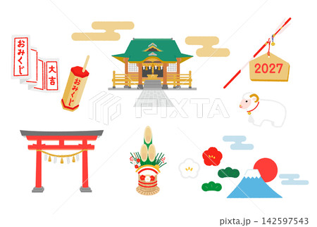 2027年未年の初詣•お正月の神社のイラスト 2027年未年の初詣•お正月の神社のイラスト 142597543