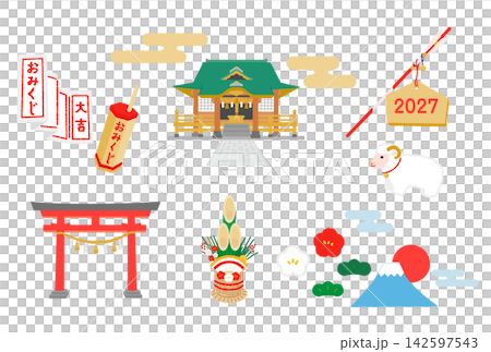 2027年未年の初詣•お正月の神社のイラスト 2027年未年の初詣•お正月の神社のイラスト 142597543