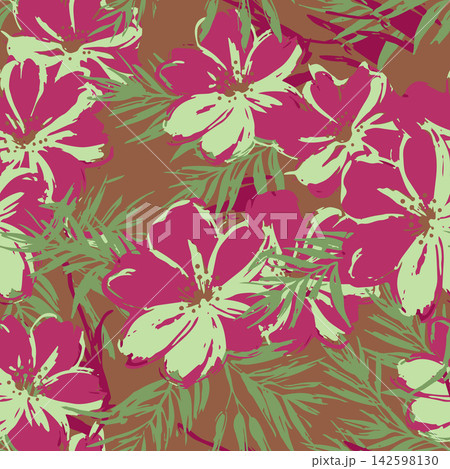 Painterly floral seamless pattern with brush stroke blooms and foliage in magenta and mint. Ideal for fabric, luxury wallpaper, and packaging. Painterly floral seamless pattern with brush stroke blooms and foliage in magenta and mint. Ideal for fabric, luxury wallpaper, and packaging. 142598130