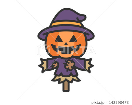 ハロウィンのカボチャのカカシのアイコン(線画カラー)のイラスト ハロウィンのカボチャのカカシのアイコン(線画カラー)のイラスト 142598478