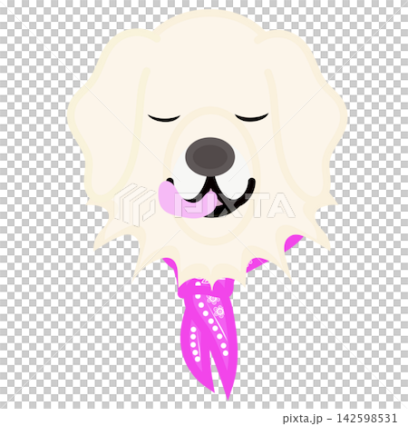 Illustration of a golden retriever's face wearing a bandana. 142598531