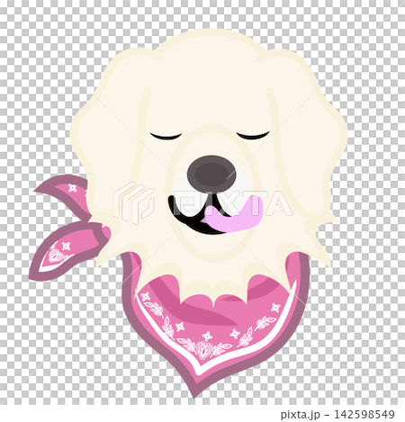 Illustration of a golden retriever's face wearing a bandana. 142598549