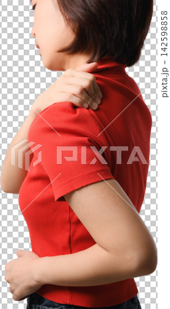 Asian woman in red shirt touching shoulder with pained expression during health care concept Asian woman in red shirt touching shoulder with pained expression during health care concept 142598858