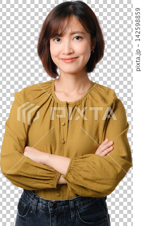 Asian woman smiling with crossed arms in mustard blouse and jeans on transparent background for professional portrait use Asian woman smiling with crossed arms in mustard blouse and jeans on transparent background for professional portrait use 142598859