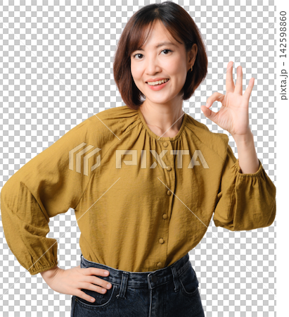 Asian woman smiling and making okay gesture while wearing mustard blouse isolated on transparent background Asian woman smiling and making okay gesture while wearing mustard blouse isolated on transparent background 142598860