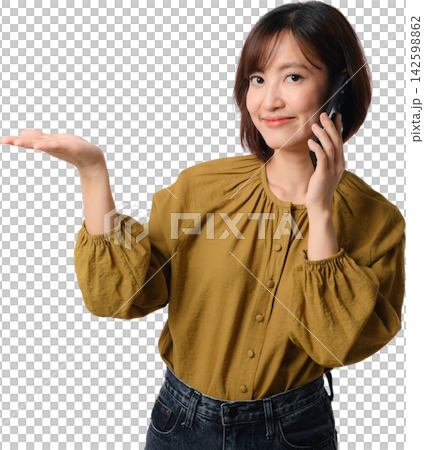 Asian woman in mustard blouse presents empty space with friendly smile and thoughtful gesture against transparent background Asian woman in mustard blouse presents empty space with friendly smile and thoughtful gesture against transparent background 142598862