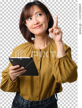 Asian woman holding tablet and pointing upward with curious expression isolated on transparent background Asian woman holding tablet and pointing upward with curious expression isolated on transparent background 142598864