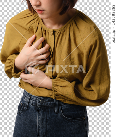Asian woman clutching stomach with abdominal pain and discomfort in mustard blouse against transparent background Asian woman clutching stomach with abdominal pain and discomfort in mustard blouse against transparent background 142598865