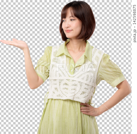 Asian woman presenting with confident smile and open hand gesture isolated against transparent background for advertising design use 142598875