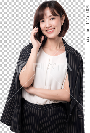 Young Asian woman smiling while holding smartphone and wearing striped blazer over white blouse Young Asian woman smiling while holding smartphone and wearing striped blazer over white blouse 142598879