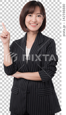 Asian woman in pinstripe blazer pointing upward with confident smile isolated on transparent background Asian woman in pinstripe blazer pointing upward with confident smile isolated on transparent background 142598880