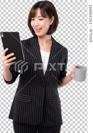 Asian woman smiling while holding tablet and ceramic cup in modern business portrait with transparent background Asian woman smiling while holding tablet and ceramic cup in modern business portrait with transparent background 142598881