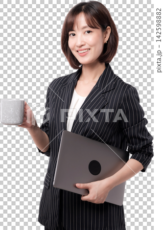 Asian woman smiling in formal clothing holding laptop and ceramic cup against transparent background Asian woman smiling in formal clothing holding laptop and ceramic cup against transparent background 142598882