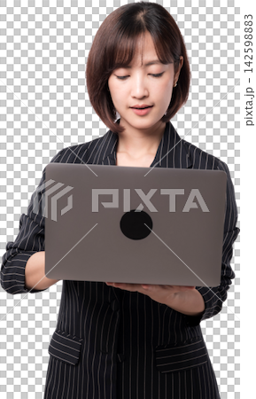 Asian woman using laptop with focused expression, isolated on transparent background for business and technology concept Asian woman using laptop with focused expression, isolated on transparent background for business and technology concept 142598883