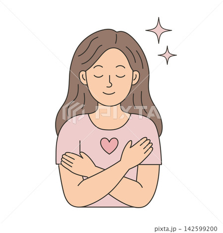 Young woman hugging herself. Self love, self care and mental health hand drawn vector illustration 142599200