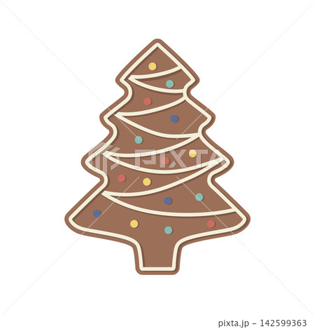 Christmas gingerbread cookie shaped like a pine tree with white icing and colorful dots. Flat vector icon on white 142599363