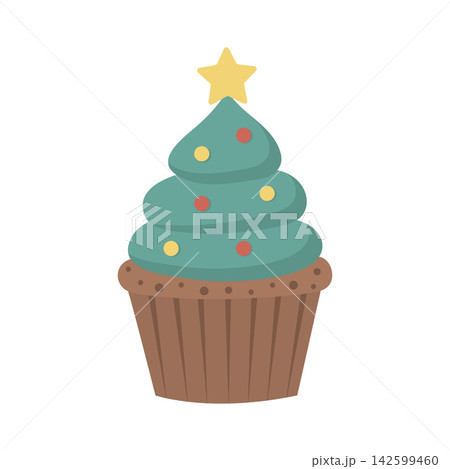Festive Christmas cupcake with green frosting shaped like a tree, decorated with baubles and a star. Flat vector icon Festive Christmas cupcake with green frosting shaped like a tree, decorated with baubles and a star. Flat vector icon 142599460