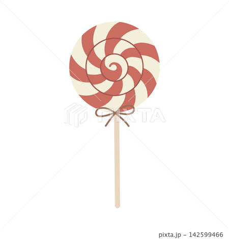 Sweet spiral lollipop with red and white stripes and a small bow. Flat vector illustration isolated on white background Sweet spiral lollipop with red and white stripes and a small bow. Flat vector illustration isolated on white background 142599466