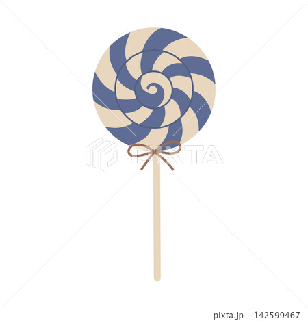 Sweet spiral lollipop with blue and beige stripes and a small bow. Flat vector illustration isolated on white background Sweet spiral lollipop with blue and beige stripes and a small bow. Flat vector illustration isolated on white background 142599467