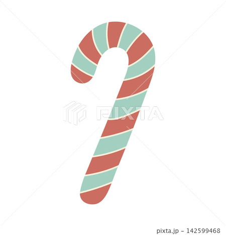 Traditional Christmas candy cane with red and green stripes. Flat vector illustration isolated on white background. Icon Traditional Christmas candy cane with red and green stripes. Flat vector illustration isolated on white background. Icon 142599468