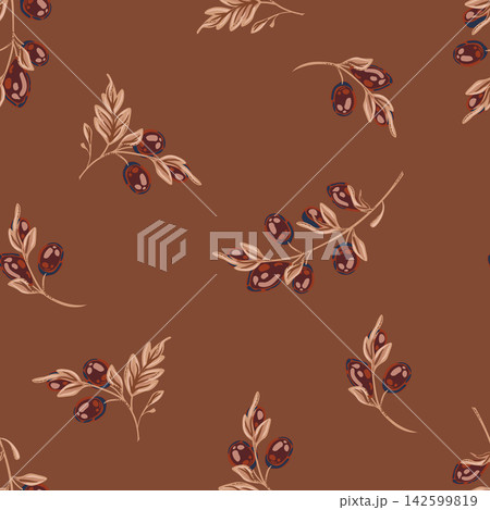 Botanical brown pattern featuring scattered hand-drawn stems, lush foliage with berries gems dark background. 142599819