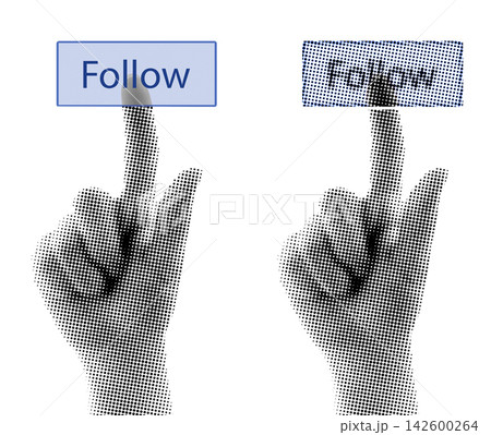 Set of Hand pressing a virtual Follow button isolated on transparent background with vintage newspaper texture. Concept of social media engagement, subscription and online communication 142600264