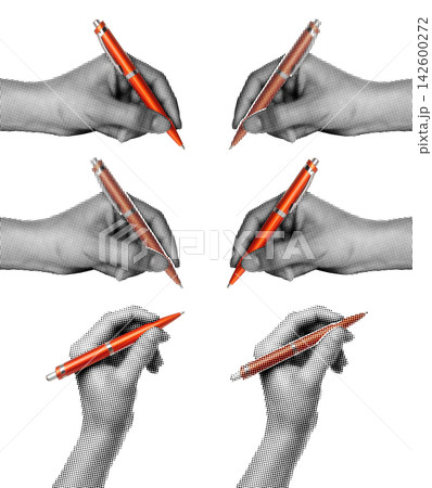 Set of Hand holding orange business pen like writing, isolated on transparent background with vintage newspaper texture. Concept of business communication, signing documents and retro print style 142600272