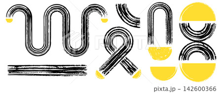 Bold brush strokes with wavy curves and zen arches. Rough grunge texture. 142600366