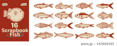 Set of scrapbook fish. Hand drawn kids elements with playful crayon texture. Set of scrapbook fish. Hand drawn kids elements with playful crayon texture. 142600385