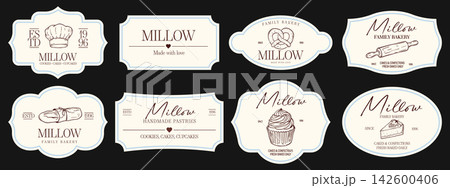 Bakery labels set. Decorative badges. Ornate frames. Elegant tags for packaging design. 142600406
