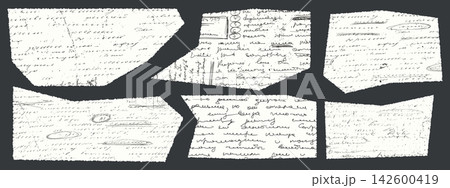 Torn manuscript fragments set. Ragged edges and illegible cursive writing pieces. Antique script elements. Torn manuscript fragments set. Ragged edges and illegible cursive writing pieces. Antique script elements. 142600419