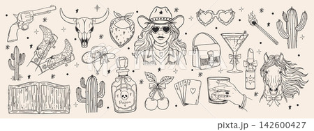Whimsical cowgirl doodle set with hand drawn western girl, horse, boots revolver, bull skull, poison bottle, martini and playing cards. Coquette retro style. Girly rodeo aesthetic. 142600427