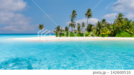 Gorgeous lush palm island powdery white shore vivid azure lagoon blue sky wispy clouds tropical paradise. Perfect summer travel vacation island holiday. Exotic honeymoon getaway relax coast Gorgeous lush palm island powdery white shore vivid azure lagoon blue sky wispy clouds tropical paradise. Perfect summer travel vacation island holiday. Exotic honeymoon getaway relax coast 142600510