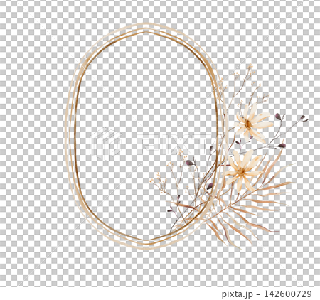 Hand-painted watercolor illustrations oval frame with gold border adorned by pale yellow daisy flowers, dried beige palm leaf, dark berry pods and wispy stems on white isolated background. For card Hand-painted watercolor illustrations oval frame with gold border adorned by pale yellow daisy flowers, dried beige palm leaf, dark berry pods and wispy stems on white isolated background. For card 142600729