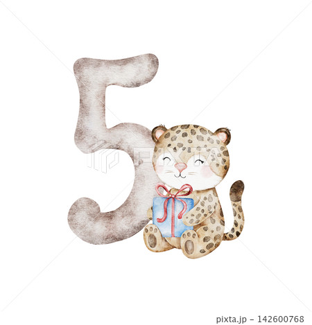 Watercolor Number 5 and cute leopard with blue gift box. Monthly five milestone card and Cat illustration isolated on transparent background for birthday design. Watercolor Number 5 and cute leopard with blue gift box. Monthly five milestone card and Cat illustration isolated on transparent background for birthday design. 142600768