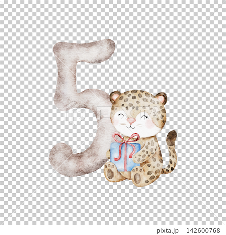 Watercolor Number 5 and cute leopard with blue gift box. Monthly five milestone card and Cat illustration isolated on transparent background for birthday design. Watercolor Number 5 and cute leopard with blue gift box. Monthly five milestone card and Cat illustration isolated on transparent background for birthday design. 142600768