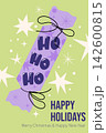 Playful HO HO HO lettering on a Christmas Cracker with festive stars and sparks against soft pastel green background. Modern Trendy Christmas Illustration good for greeting cards, banners poster. 142600815