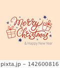 Merry Christmas hand lettering. Simple Naive style vector illustration of gift boxes with bows, decorative stars and sparkles on a warm pastel background. 142600816