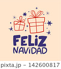 Feliz Navidad Christmas greeting card with hand drawn gift boxes and festive stars. Naive style vector illustration of gift boxes with bows, decorative stars and sparkles on a warm pastel background. 142600817
