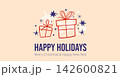 Happy Holidays Christmas greeting card with hand drawn gift boxes and festive stars. Simple Naive style vector illustration of gift boxes with bows, decorative stars and sparkles. 142600821