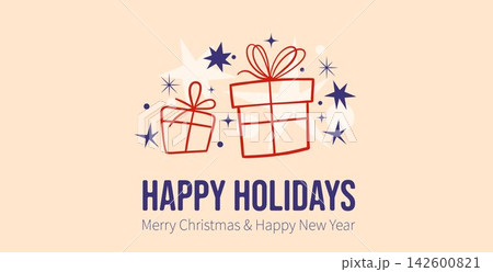 Happy Holidays Christmas greeting card with hand drawn gift boxes and festive stars. Simple Naive style vector illustration of gift boxes with bows, decorative stars and sparkles. 142600821