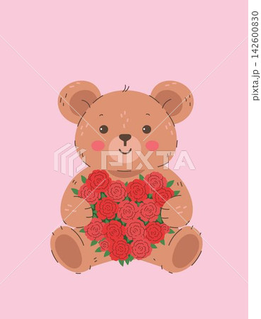 Cute cartoon teddy bear holding heart shaped bouquet of red roses, sweet brown bear toy vector illustration on soft pink background, Valentine's Day romantic design concept Cute cartoon teddy bear holding heart shaped bouquet of red roses, sweet brown bear toy vector illustration on soft pink background, Valentine's Day romantic design concept 142600830