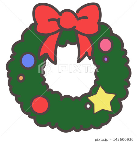 リボンと飾りのついたクリスマスリース リボンと飾りのついたクリスマスリース 142600936