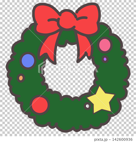 リボンと飾りのついたクリスマスリース リボンと飾りのついたクリスマスリース 142600936