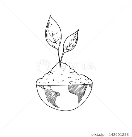 Vector eco sprout growing from planet earth soil. Minimalist hand drawn graphic line art globe concept for environmental protection. Clean ecological sustainability icon isolated on white background f 142601228